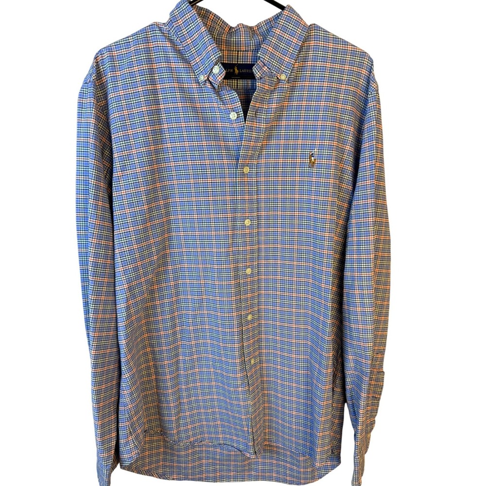 Ralph Lauren Mens Large Plaid Button Down Shirt Blue Orange Cotton Long Sleeve